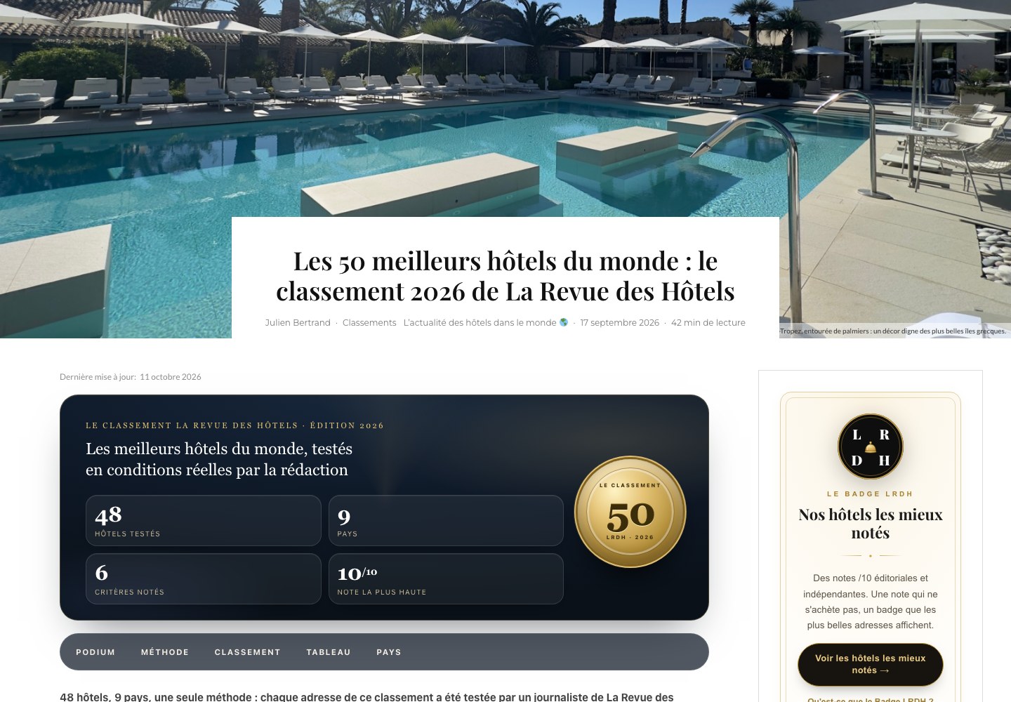 Le classement 2026 des 50 meilleurs hôtels du monde de La Revue des Hôtels : 48 hôtels testés, 9 pays