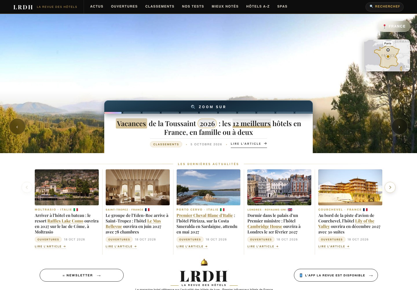 La page d'accueil de larevuedeshotels.com, l'actualité des hôtels de luxe du jour