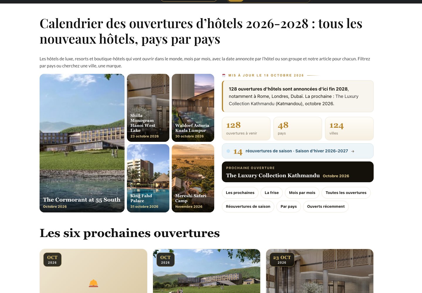 La page du calendrier des ouvertures d'hôtels 2026-2028 sur larevuedeshotels.com